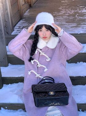 毛毛娃娃领毛呢外套女秋冬季新款紫色甜美牛角扣斜门襟夹棉大衣女