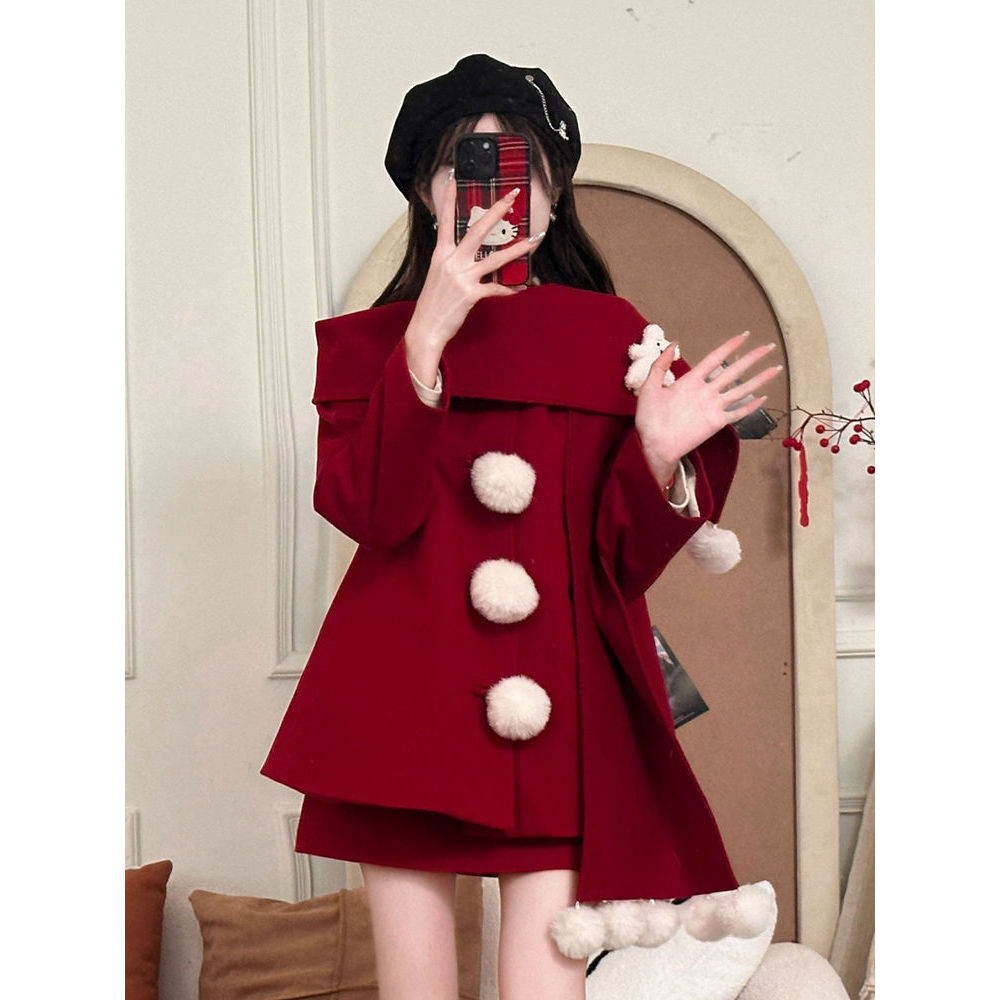 【球球芝】红色毛球呢子显瘦跨年大衣外套女冬季新款小个子大衣
