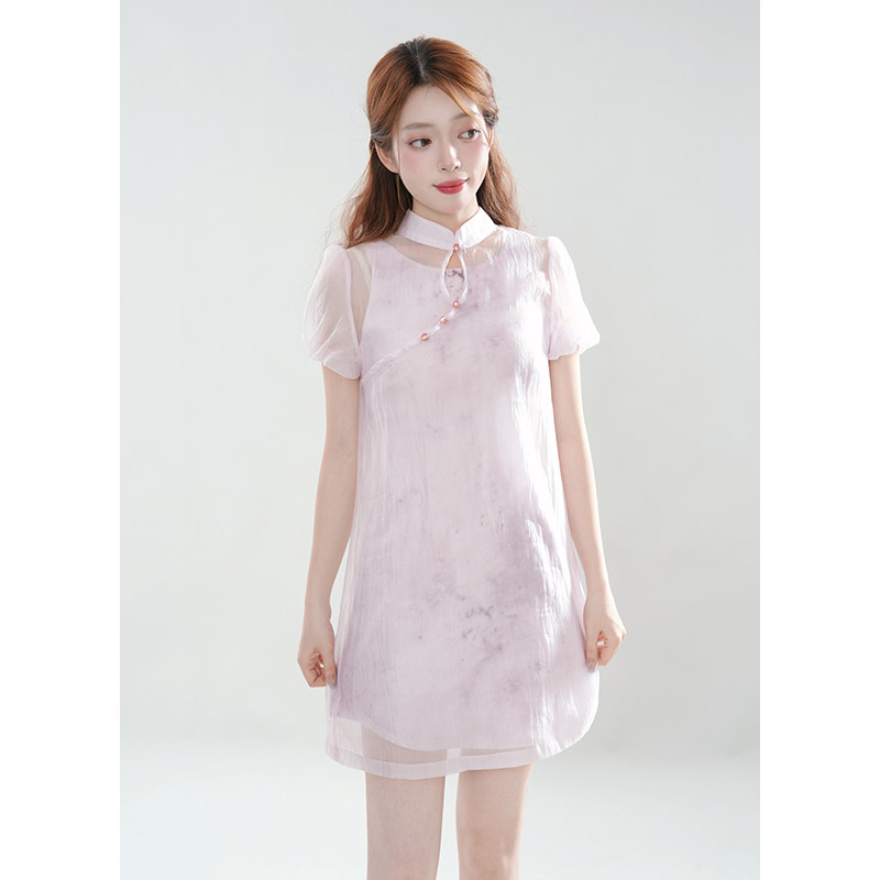 暮山紫远山黛 山茶凌粉 新中式叠穿两件套连衣裙女气质设计感套装