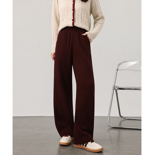 酒红羊毛糯米阔腿裤女秋冬2025新款高腰垂感加绒加厚窄版直筒裤子