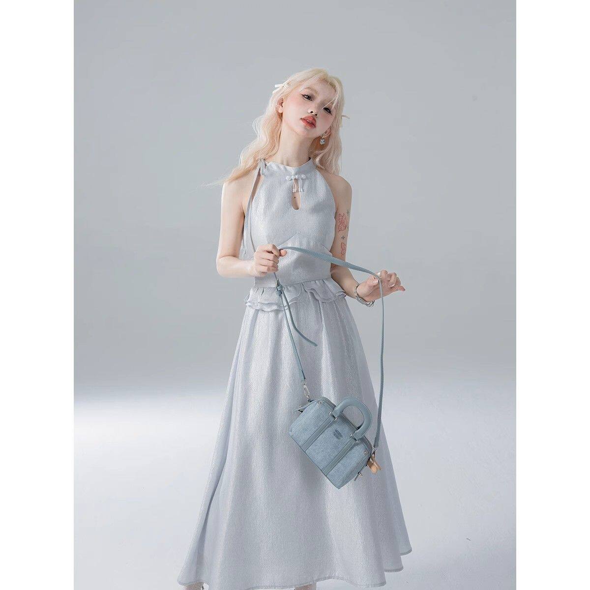 【冰银蓝】设计感盘扣荷叶边收腰绑带气质感连衣裙女夏季新款