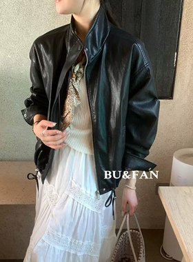 BUFAN布凡33031春韩版宽松立领皮衣外套女短款抽绳显瘦蛋白皮夹克
