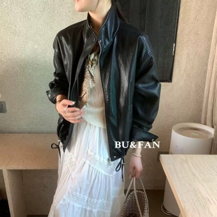 BUFAN布凡33031春韩版 抽绳显瘦蛋白皮夹克 宽松立领皮衣外套女短款