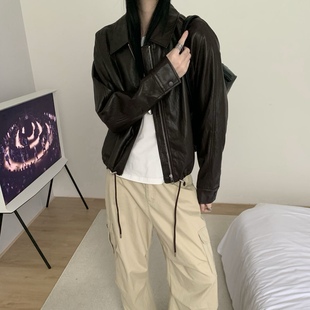 2025秋季 抽绳显瘦机车夹克上衣 新款 韩系气质翻领pu皮衣外套女短款