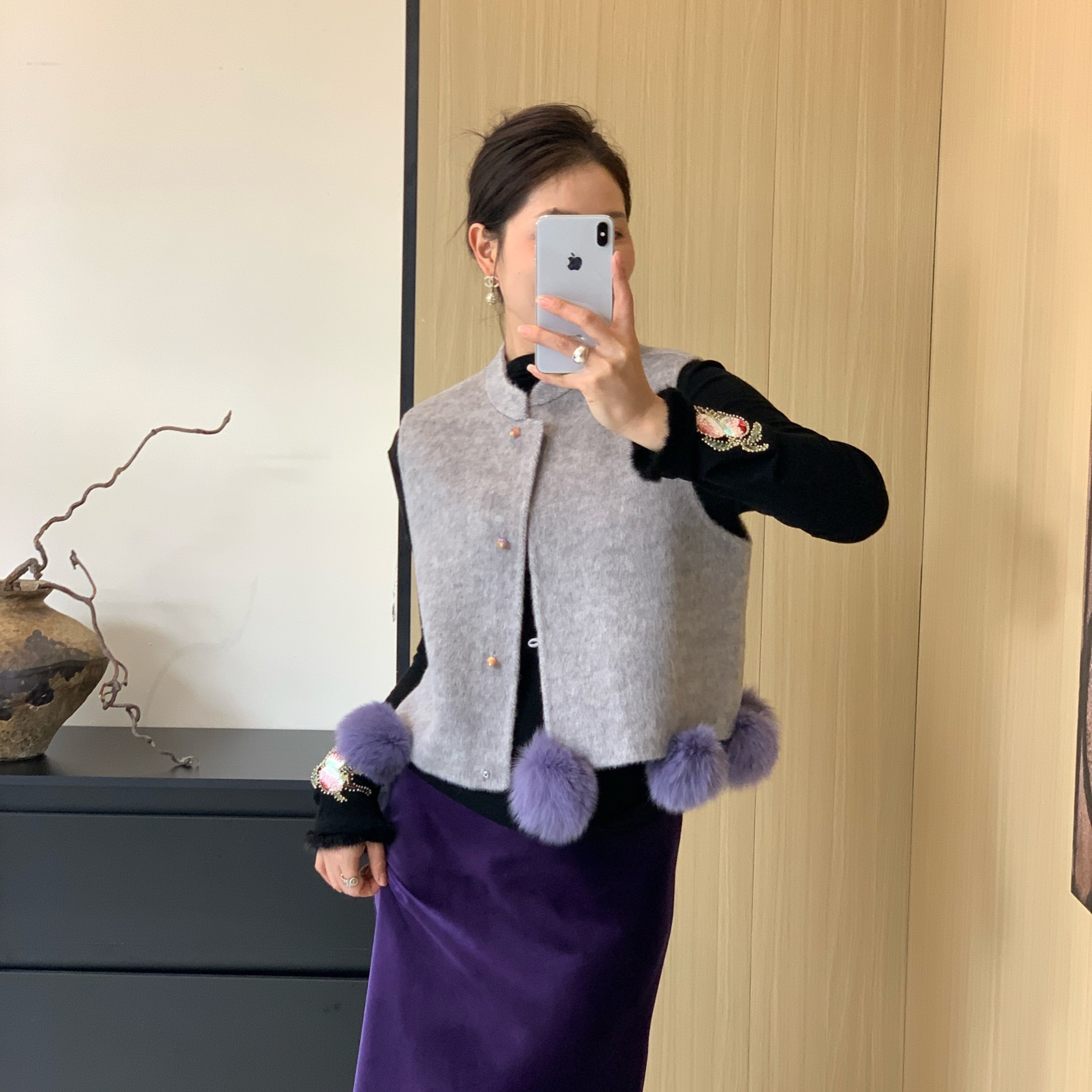 2025秋冬新中式立领双面羊绒马甲背心女气质狐狸毛球叠穿马夹上衣