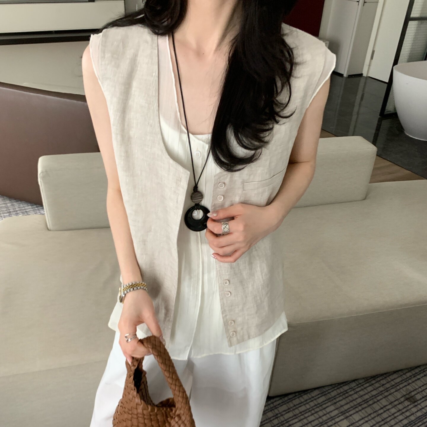 2026夏季新款韩系假两件100%亚麻马甲背心女薄款透气外搭坎肩上衣