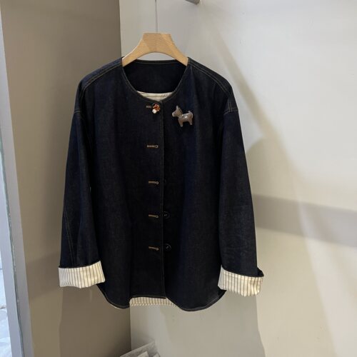 复古气质圆领单排扣牛仔外套上衣