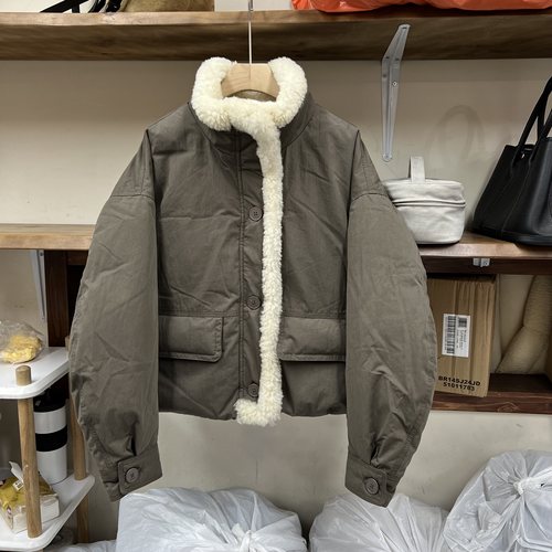 韩版立领羊羔毛拼接羽绒服外套女