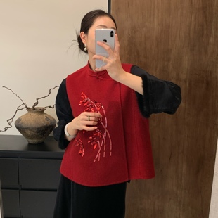 2025秋冬新款重工钉珠新中式双面羊毛马甲背心女复古气质坎肩上衣