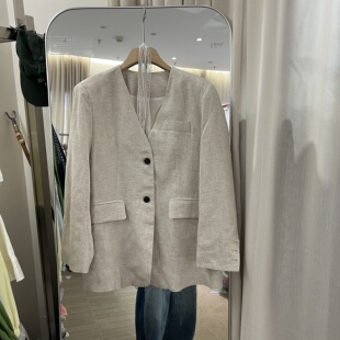 外套女2026春季 高级感配丝巾宽松休闲西服潮 天丝亚麻V领西装 薄款