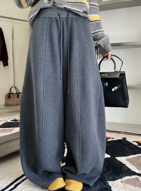 3R3正品66365-8冬季新款加绒加厚弯刀阔腿裤女宽松休闲显瘦卫裤潮