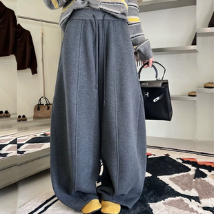 3R3正品66365-8冬季新款加绒加厚弯刀阔腿裤女宽松休闲显瘦卫裤潮