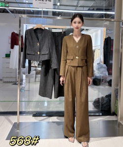 气质高级感套装女2024秋季短款V领西装外套+高腰直筒阔腿裤两件套