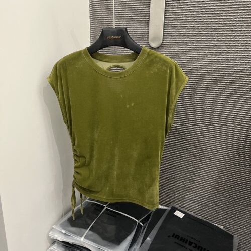 小飞袖后背镂空丝绒T恤植绒上衣