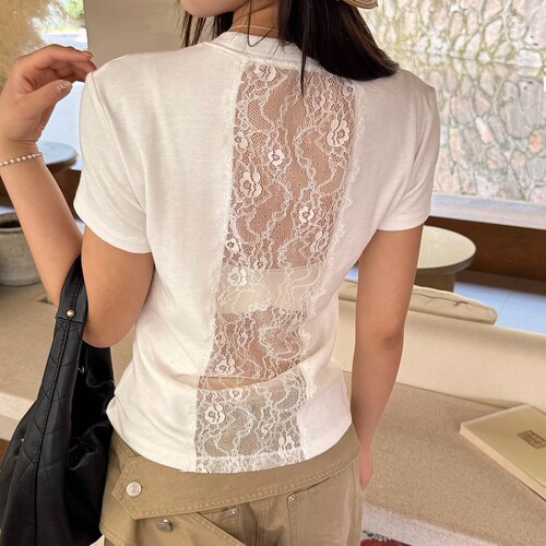 短袖百搭后背蕾丝拼接短袖T恤女