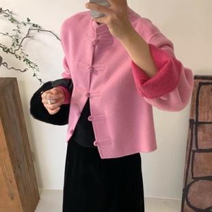 2025年冬季新中式国风盘扣立领双面羊绒大衣女短款气质绵羊毛外套