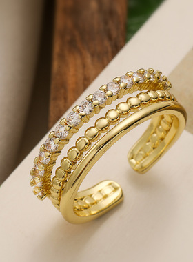 法国cherry kitty 简约个性铜镀18k金锆石双层几何开口戒指