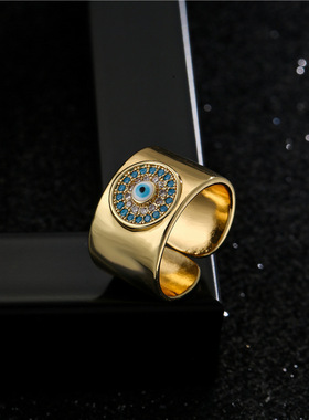 法国cherry kitty  18k金电镀铜微镶11mm宽开口恶魔之眼戒指女