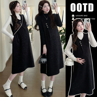 法国gentle motto孕妇连衣裙套装秋装休闲黑色法式背心裙打底衫