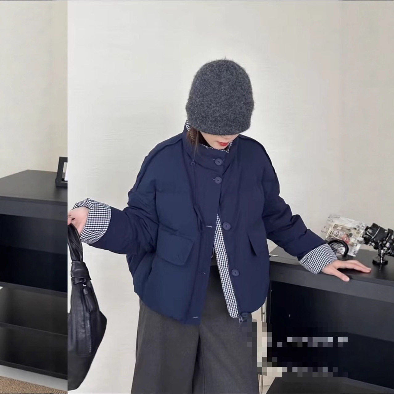 法国gentle motto设计感白色格纹拼接羽绒服女短款冬加厚减龄白