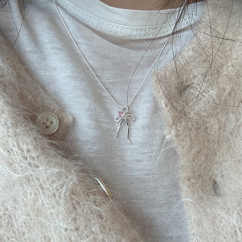法国cherry kittys925银蝴蝶结粉色爱心项链女简约经典元素百搭