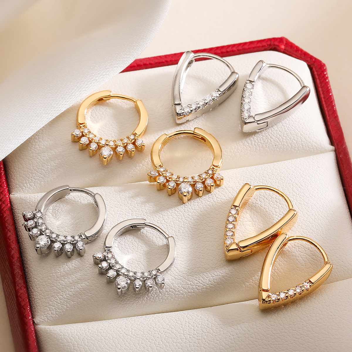 法国cherry kitty 欧美时尚个性铜镀18k金锆石几何耳圈女迷你