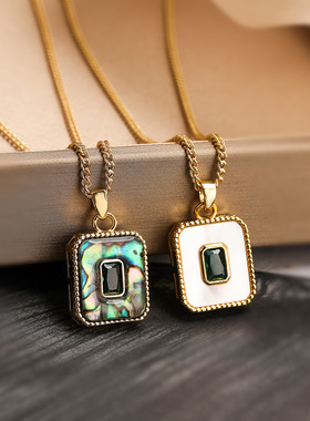 法国cherry kitty 铜镀18k金镶贝壳锆石几何吊坠项链女小众个性