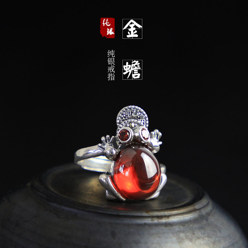 法国Cherry KittyS925银戒指女款泰银复古镶嵌红石榴石招财纳福