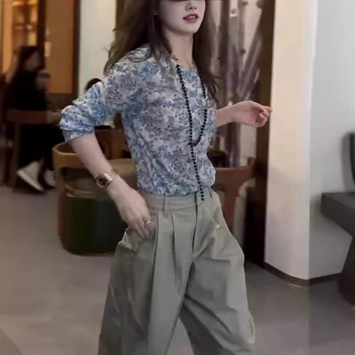 法国cherry kitty春夏新款蓝色波点简约长袖t恤休闲直筒裤女潮