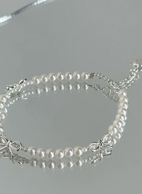 法国cherry kittys925银施家珍珠蝴蝶结手链项链女简约甜美公主风