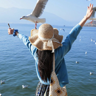 法式蝴蝶结拉菲草帽女四季大帽檐遮阳防晒帽海边沙滩度假编织帽子