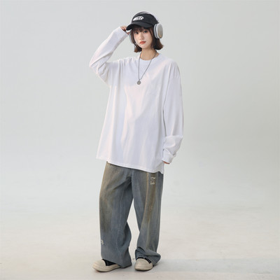 纯色长袖天然素简裸感长袖T恤打底衫宽松上衣百搭纯棉