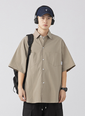 BDLS工作室文艺男女店港风情侣款纯色口袋短袖衬衫工装衬衣外套潮