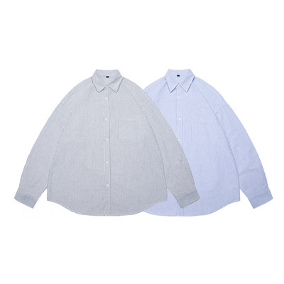 条纹衬衫男士复古小众蓝色衬衣棉