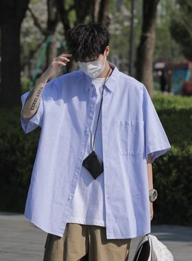 BDLS工作室文艺男女店港风情侣款条纹短袖衬衫休闲男工装衬衣外套