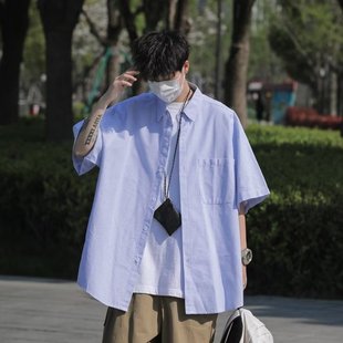 BDLS工作室文艺男女店港风情侣款条纹短袖衬衫休闲男工装衬衣外套