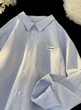 BDLS工作室文艺男女店港风情侣款条纹大码长袖衬衣宽松长袖衬衫潮