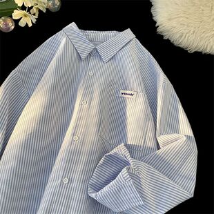 BDLS工作室文艺男女店港风情侣款条纹大码长袖衬衣宽松长袖衬衫潮