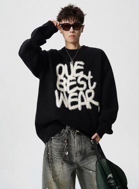 BDLS工作室文艺男女店港风情侣款圆领字母针织毛衣外套男女情侣款