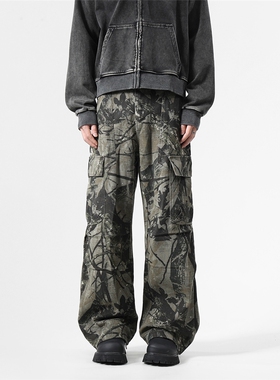 BDLS工作室文艺男女店港风情侣款特殊花纹树纹工装迷彩质量牛仔裤