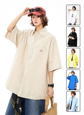 BDLS工作室文艺男女店港风情侣款多巴胺爱心刺绣衬衫短袖纯棉衬衣