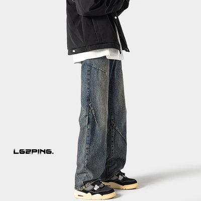 BDLS工作室文艺男女店港风情侣款夏季无影大码美式水洗拼接牛仔裤