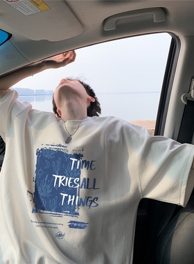 BDLS工作室文艺男女店港风情侣款百搭字母蓝色印花短袖T恤男女款