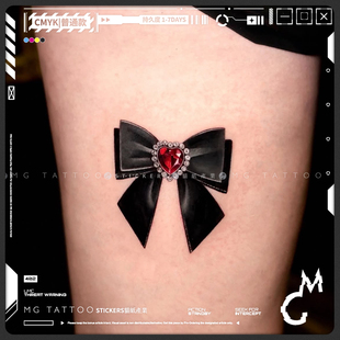 浪漫温柔红宝石蝴蝶结胸花腿部精致御姐女神防水纹身贴 tattoo