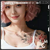 清雅美人面 tattoo 粉色牡丹花朵肩花半甲写真大图度假纹身贴