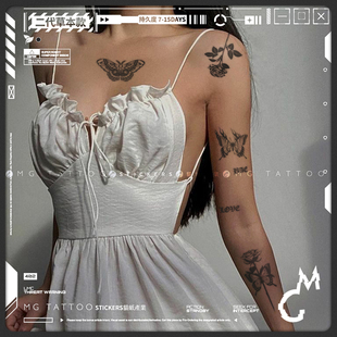 玫瑰与蝴蝶图案手臂腿部美式 热烈 二代草本 草本纹身贴 tattoo