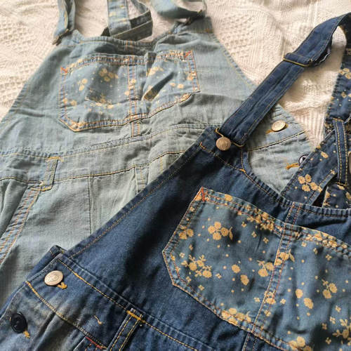 三件包邮日系碎花拼接背带牛仔裤长裤7分裤