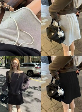 博主同款！2025秋季韩系宽松休闲半身卫裙松紧腰抽绳灰色运动短裙