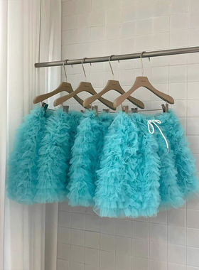 亮眼多巴胺~2026度假拍照湖蓝色小个子裙子 韩系洋气重工蓬蓬短裙