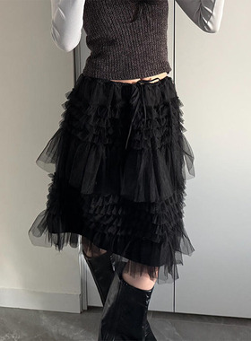 韩国订单重工荷叶边网纱半身裙女2026春季气质显瘦百搭A字中长裙
